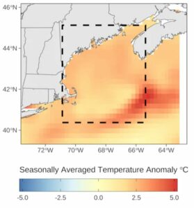 Seasonally average sea temperature in Maine chart
