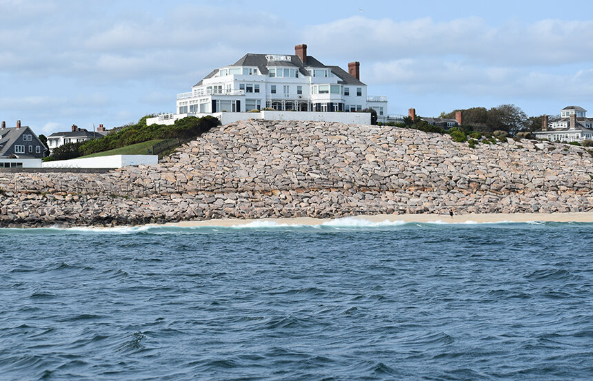The revetment Taylor Swift had built in front of her Westerly mansion likely cost a million dollars or more. This jigsaw of boulders is just the most-famous hardened structure in Rhode Island designed to keep the encroaching sea at bay. This one, like all the rest, will eventually fail. (Frank Carini/ecoRI News)