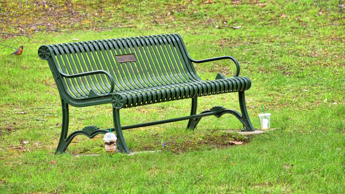 Green metal park bench