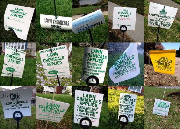 Lawn signs warning that toxic chemicals have been applied. (Joanna Detz/ecoRI News)