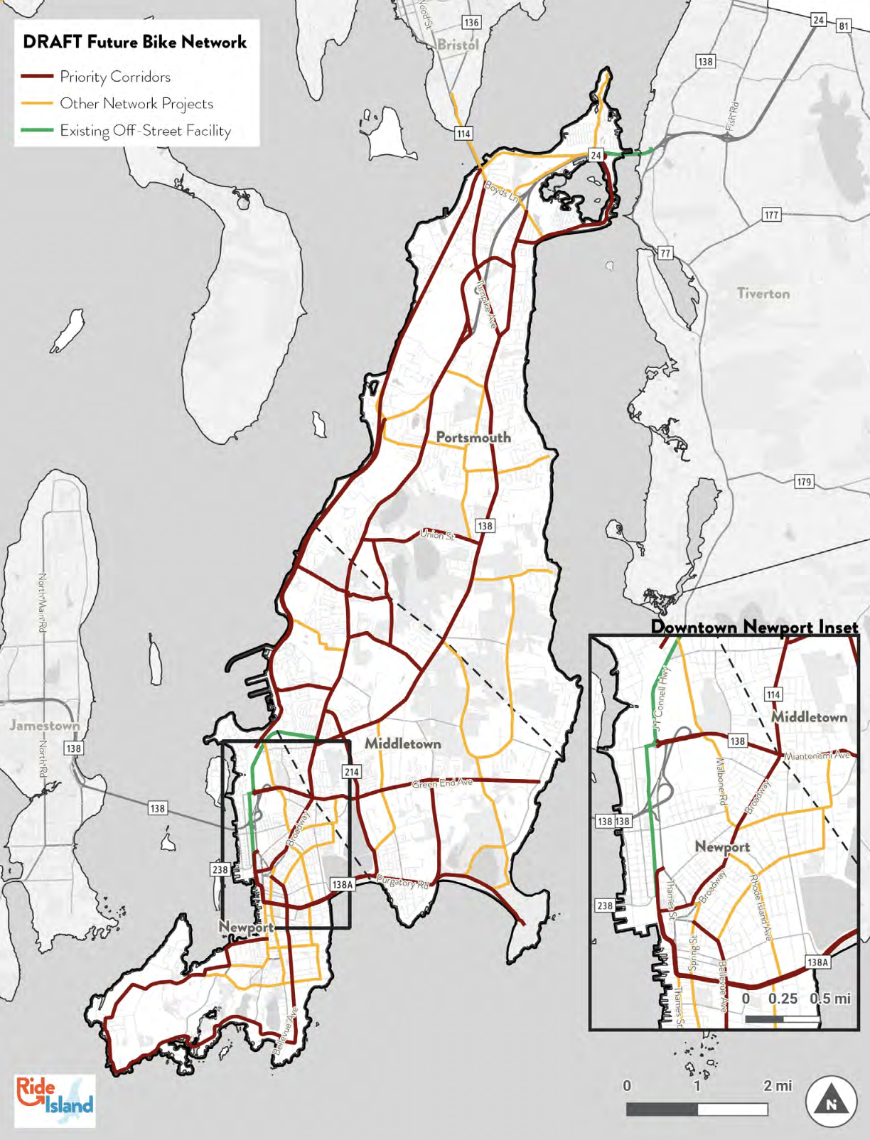 Proposed future bike network for Aquidneck Island