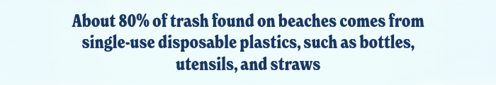 About 80% of trash found on beaches comes from single-use disposable plastics, such as bottles, utensils, and straws